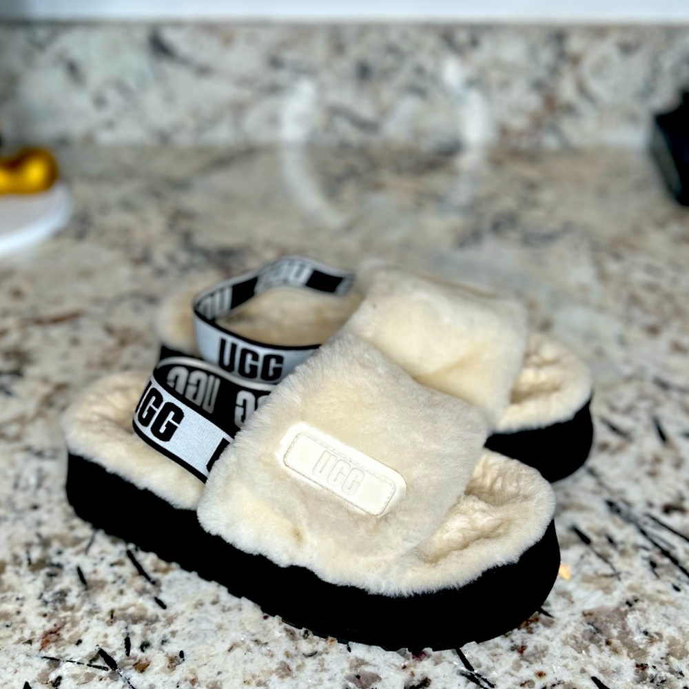UGG White Disco Sheepskin Fluff Slide Platform slides!